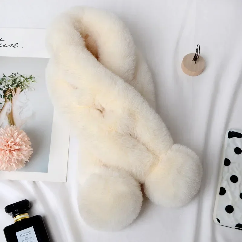 Women Fashion Clothes Accessories Autumn And Winter New Warm Scarf Fur Rabbit Plush Thick Scarf Solid Color Fur Ball Cross Gifts
