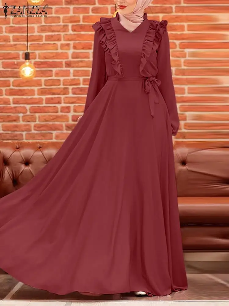  - Elegant Women Muslim Maxi Dress ZANZEA Fashion V Neck Long Sleeve Satin Sundress Eid Mubarek Ramadan Turkey Abaya Long Vestidos