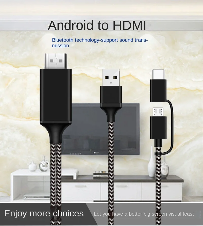 2-in-1 High Definition HDMI Cable for Apple/Android/Type-C: TV Projector Screen Mirroring