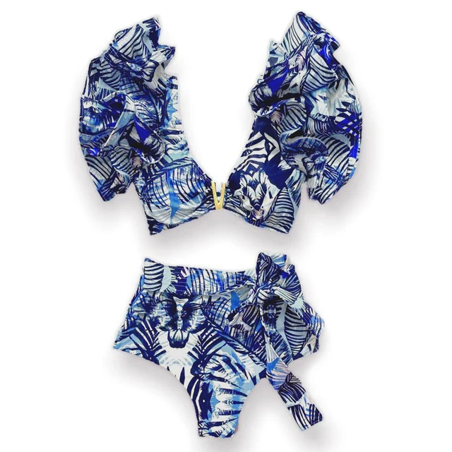 Sporlike-Bikini de cintura alta con cuello en V para mujer, traje de baño de dos piezas con volantes, estampado Sexy, 2024 - Imagen 5