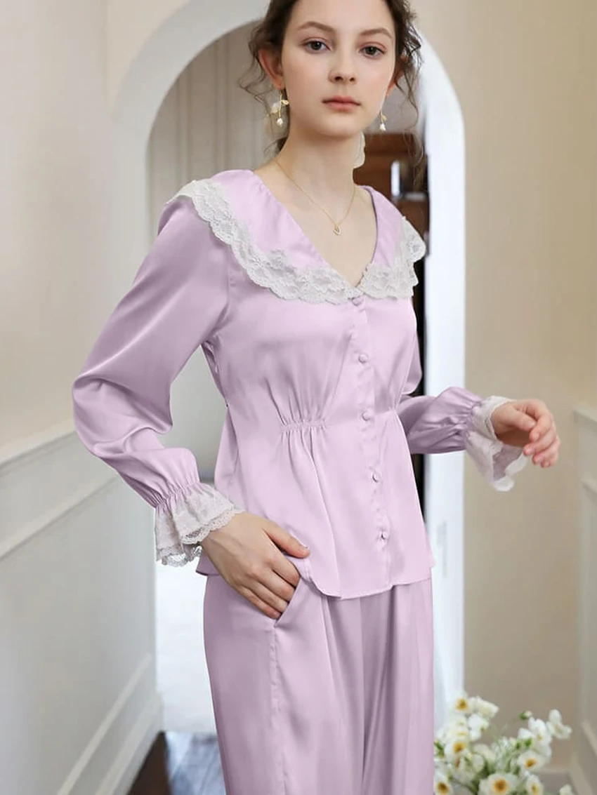 Marthaqiqiq Elegant Women'S Nightwear Suit Long Sleeve Sleepwear Sexy Turn-Down Collar Nightgowns Pants Casual Femme Nightie Set