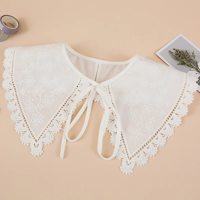 

Royal Style Cotton Fake Collar Shawl Wrap Hollow Out Floral Lace Ruffled Trim Necklace Pointed Lapel Blouse Dropshipping
