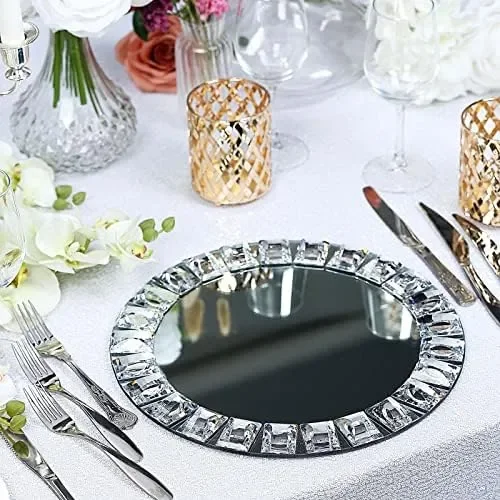 

Set of 2 | 13" Round Silver Mirror Glass Charger Plates with Diamond Beaded Rim For Catering Events, Wedding Party Restauran Sma