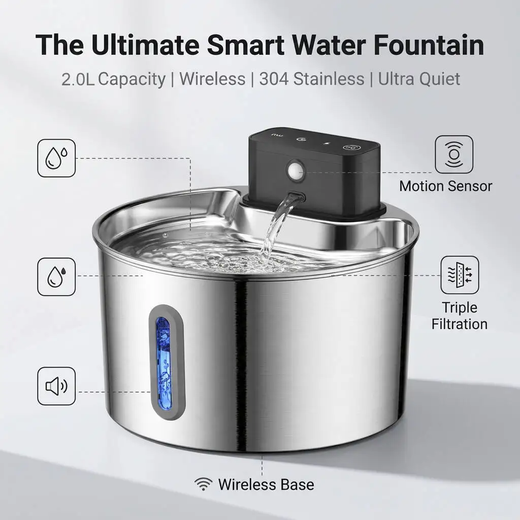 Wireless smart sensor pet water dispenser 2.0L stainless steel automatic circulating water dispenser with water level window