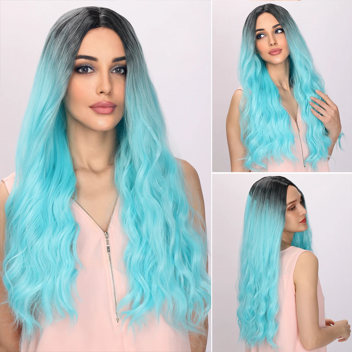 

Party Goddess Unveiled! 26 Inches of Light Blue Ombre Wavy Hair with Natural Part – Synthetic Women's Wig, Crafting the Perfect