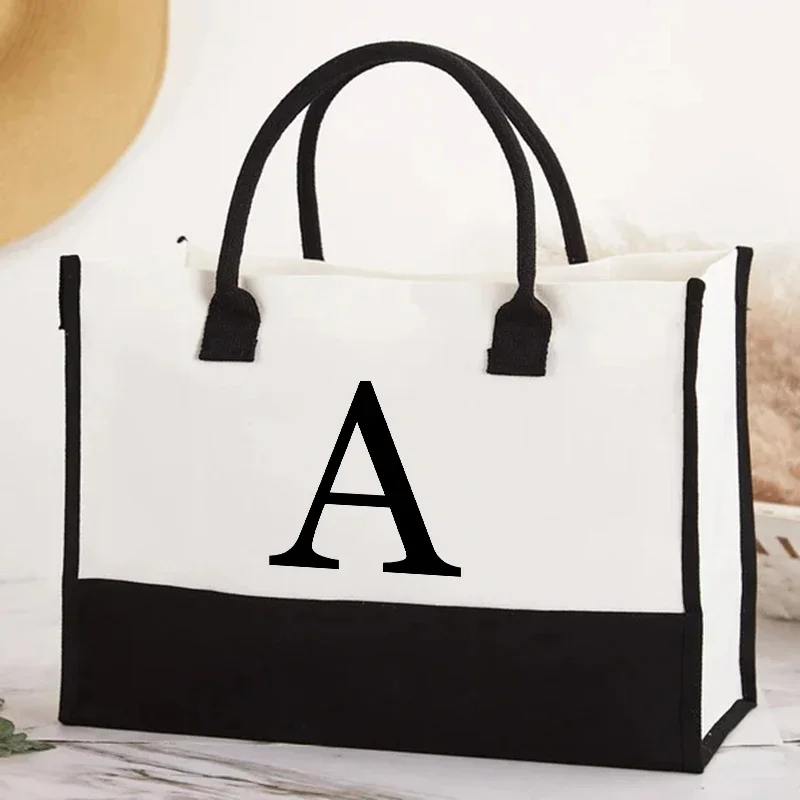 

26 Letters Flower Canvas Totes Bag Fashion Canvas Tote Portable Beach Shoulder Shopping Casual Beach Bag Large Capacity Handbag