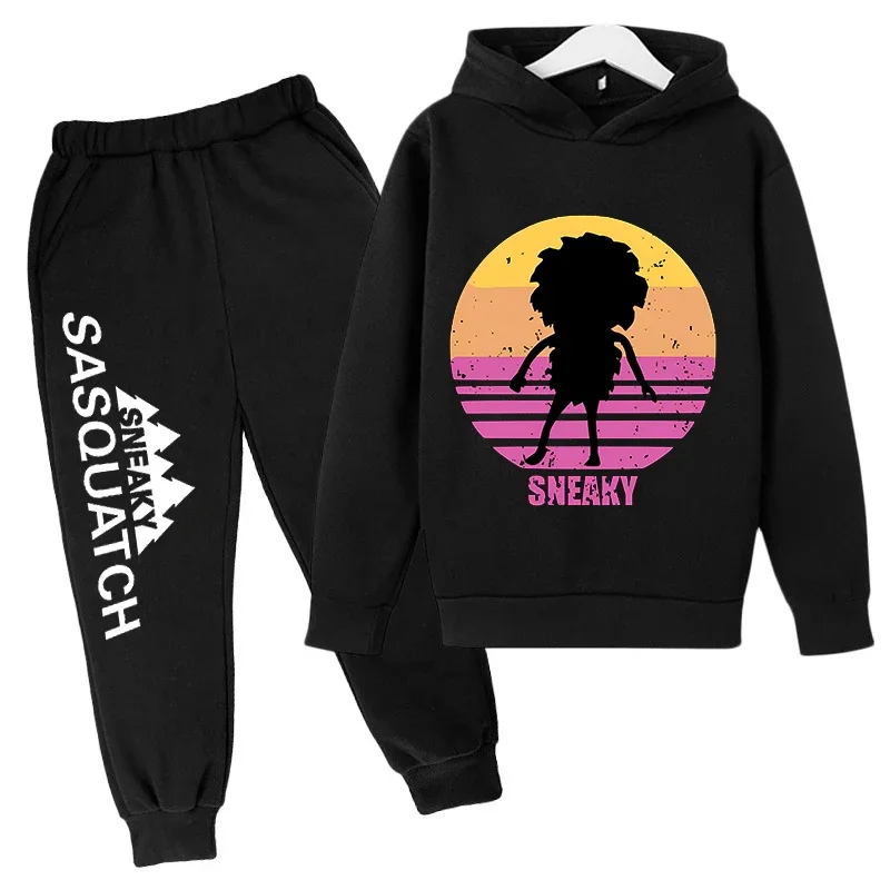 thumbnail image 1 of Conjunto de sudadera con capucha y pantalones de polar para niños, conjunto de 2 piezas, chándal, estampado de cabeza grande de Sasquatch furtivo, 1 of 5