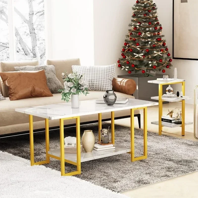 Coffee Table Set of 3, Modern 3-Piece Table Set Faux Marble Coffee & 2 End Tables Open Shelves with Metal Legs