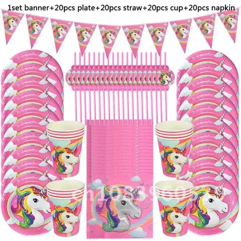 

81pcs Unicorn Party Supplies Disposable Tableware Set Paper Plate Cups Napkins Unicorn Birthday Party Decorations Baby ShowerUn