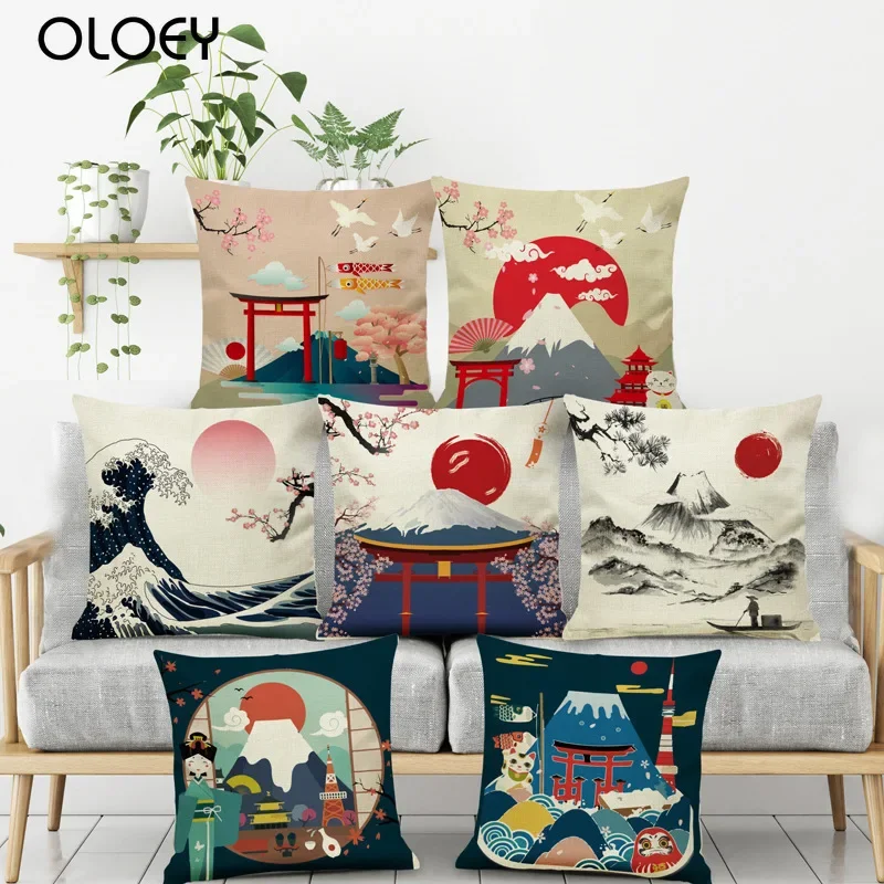 

Japanese Ukiyo Pattern Cushion Cover 45*45 Pillowcase Sofa Cushions Pillow Cases Super Soft Short Plush Pillow Covers Home Decor