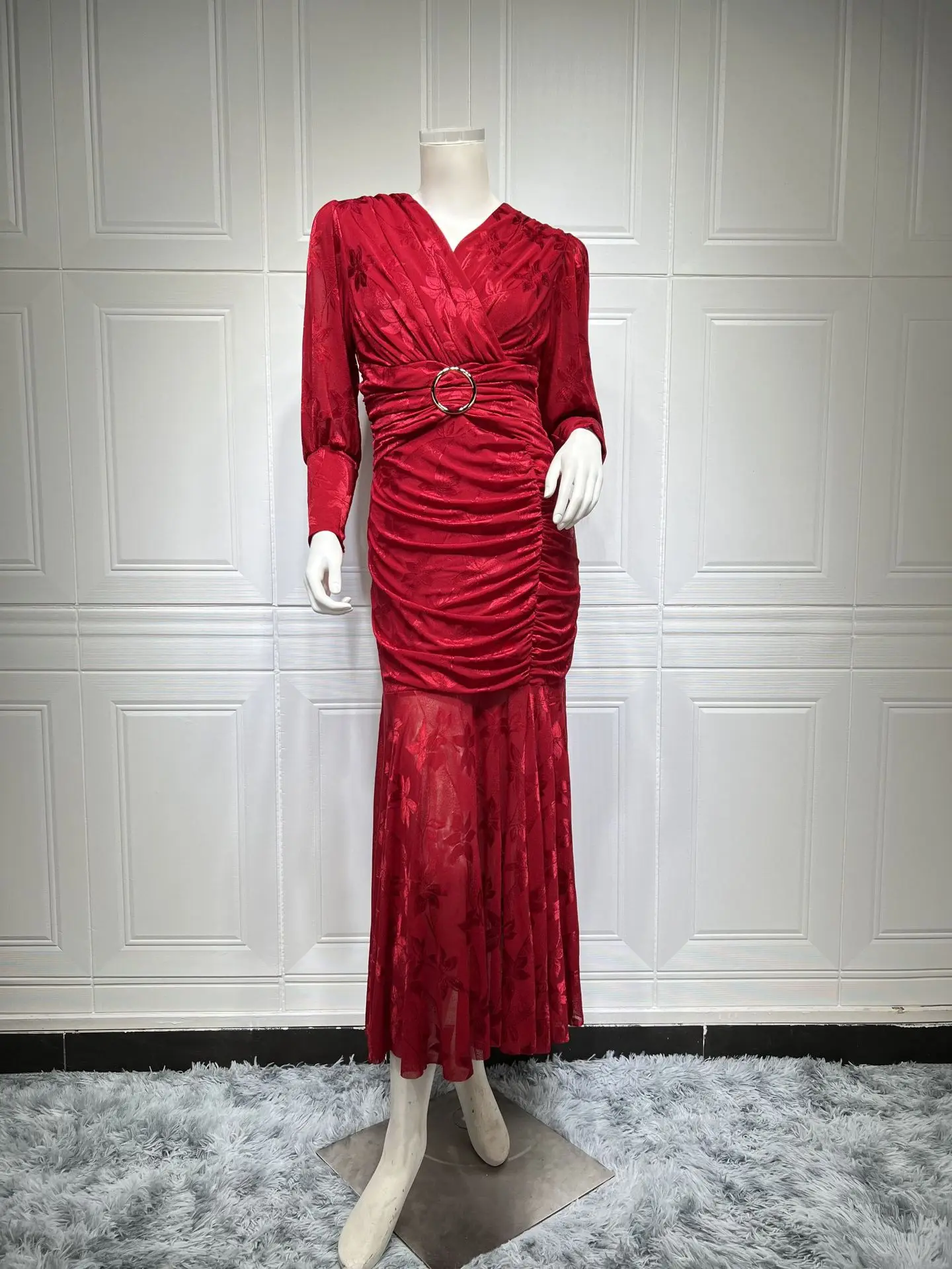 Muslim Dress V-neck Long Sleeves Wrapped Dress Middle East Women's Fashion Jacquard Dress Street Trend High Elastic Hip Wrap