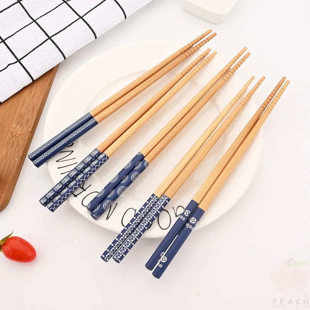 Wooden Chopsticks Reusable 5Pairs Handmade Bamboo Japanese Natural Sushi Food Cat Flower Multi Color