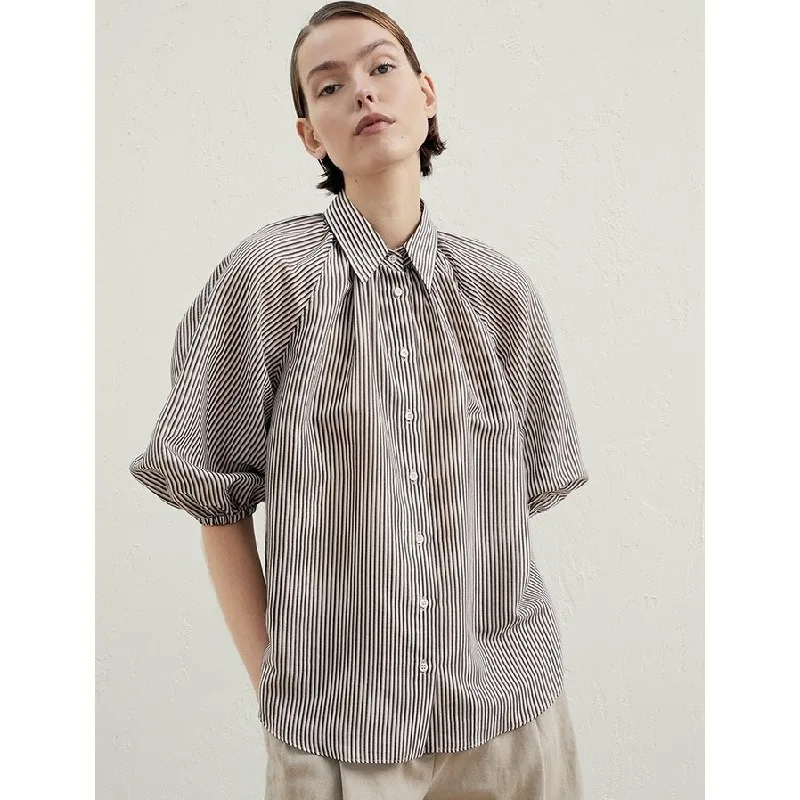 

BC@ Women's Shirt 2024 Spring/Summer New Silk Cotton Raglan Sleeve Stripe Basic Versatile Commuter 5/4 Sleeve Top