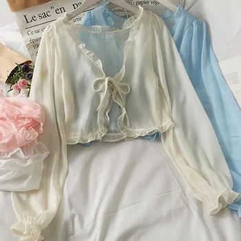Women Summer Sun Protection Coat Lace Bow Ruffle Cardigan Shirt Female Blouse Tops for Woman Covers Blusa White Y2K Korean Shirt 1