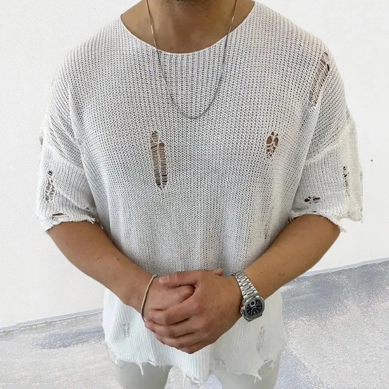 2023 Summer Men Sweater Thin Short Sleeve O-neck Knitted T