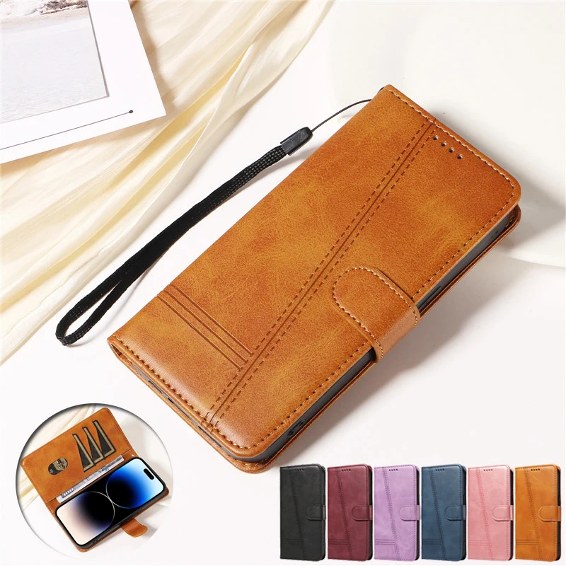 Retro Lines Leather Flip Stand Wallet Case - Stylish and Functional Phone Cover