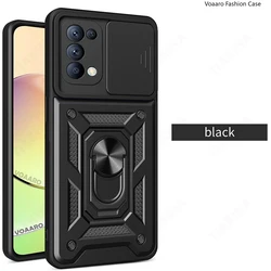 Sleek Protective Armor Case with Slide Lens Camera Cover and Magnetic Ring Stand for OPPO Reno 5 and Find X3 Lite (Black)