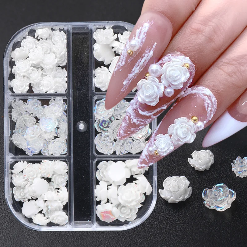 6 Grids Black Rose 3D Nail Art Nail Decoration White Rose Flower Nail Decoration nail charms Parts DIY Jewelry Accessory