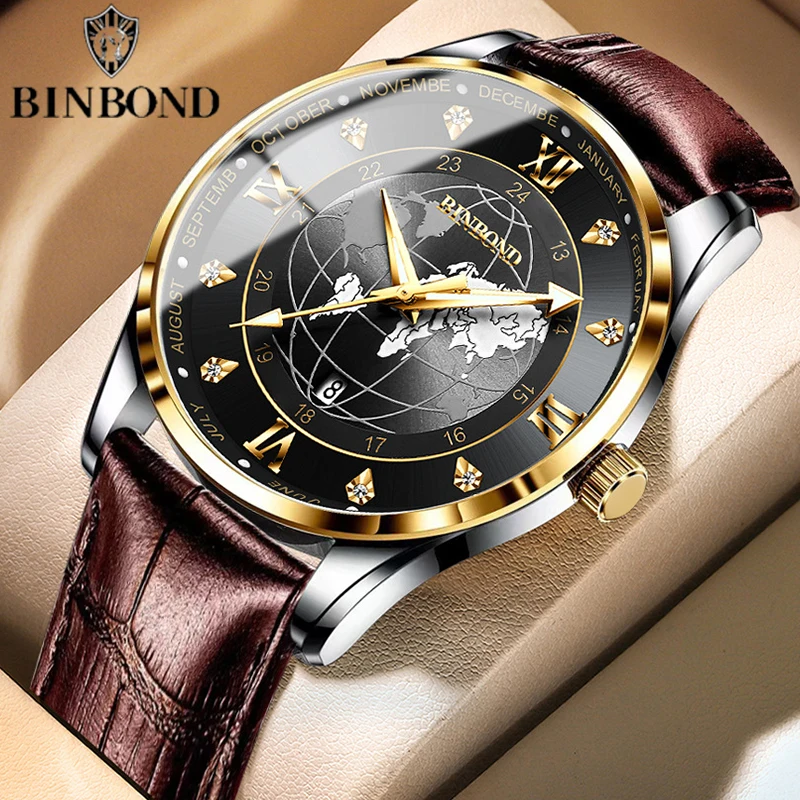 

BINBOND Top Brand Fashion Ultra-thin Men Watches Luxury Business Men Wrist Watch Sports Waterproof Luminous Leather Quartz Watch
