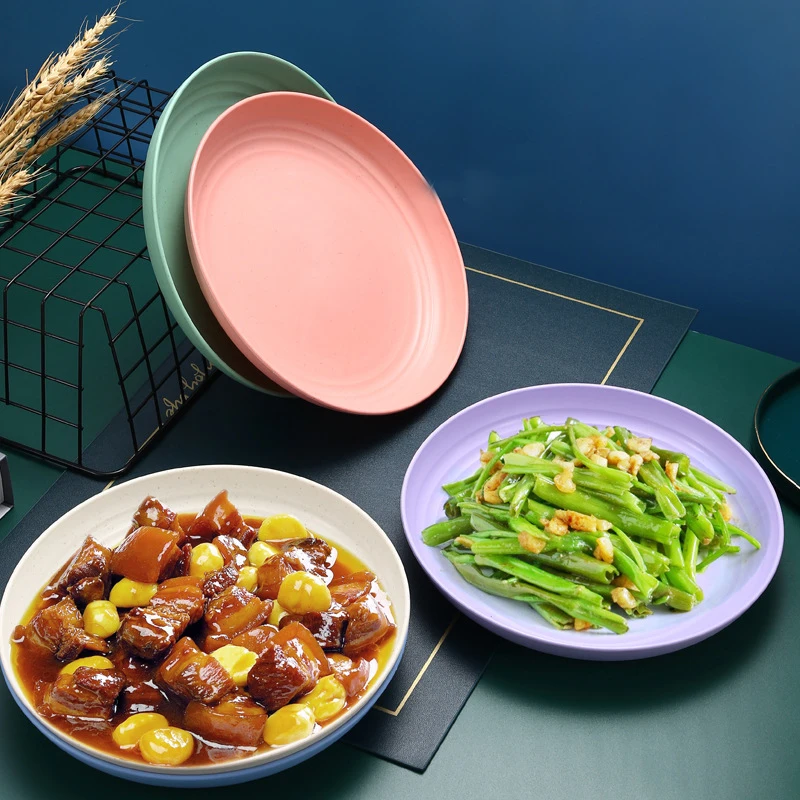 Set(8pcs) Nordic Color 23CM Large Round Plate Home Shatter Resistant Wheat Straw Plate Microwave Oven Tableware