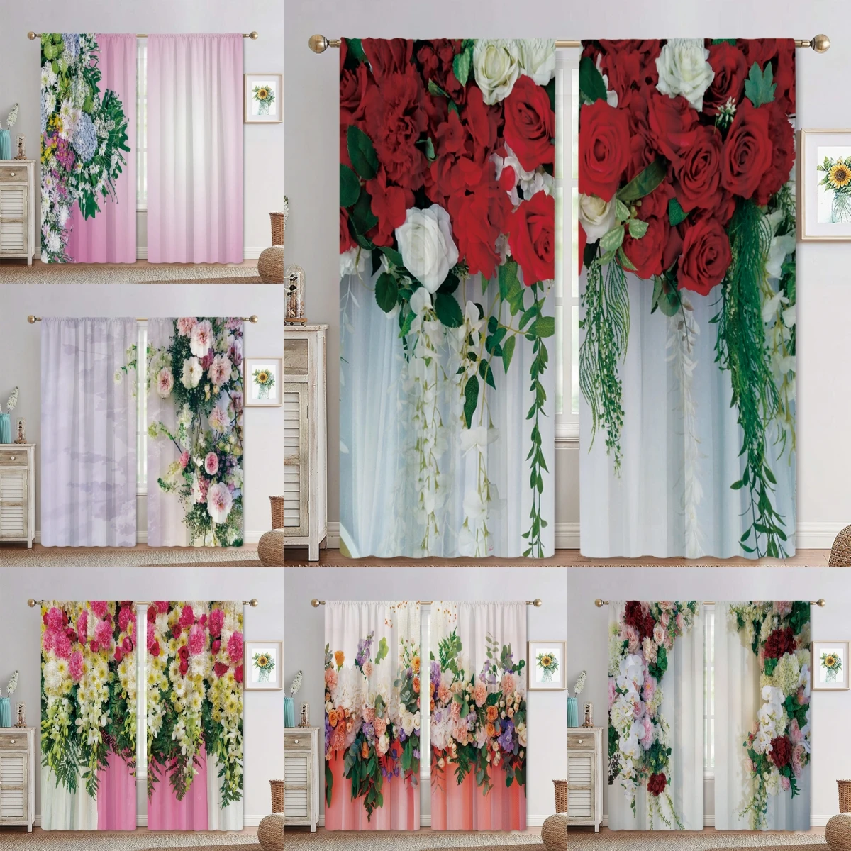 

Wedding White Red Flowers Bouquet Leaves Curtain Home Decor Living Room Short Curtains Window Treatments For Kitchen Bedroom