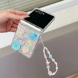 Magnetic Axis Fold Wave Edge 3D Button Transparent Shockproof Phone Case - Galaxy Z Flip 7 (With strap - Blue)