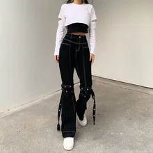 

2022 Spring Autumn New Fashion Gothic Trousers Women Eyelet Element Bandage Decoration High Waist Demin Pants Street Indie Jeans