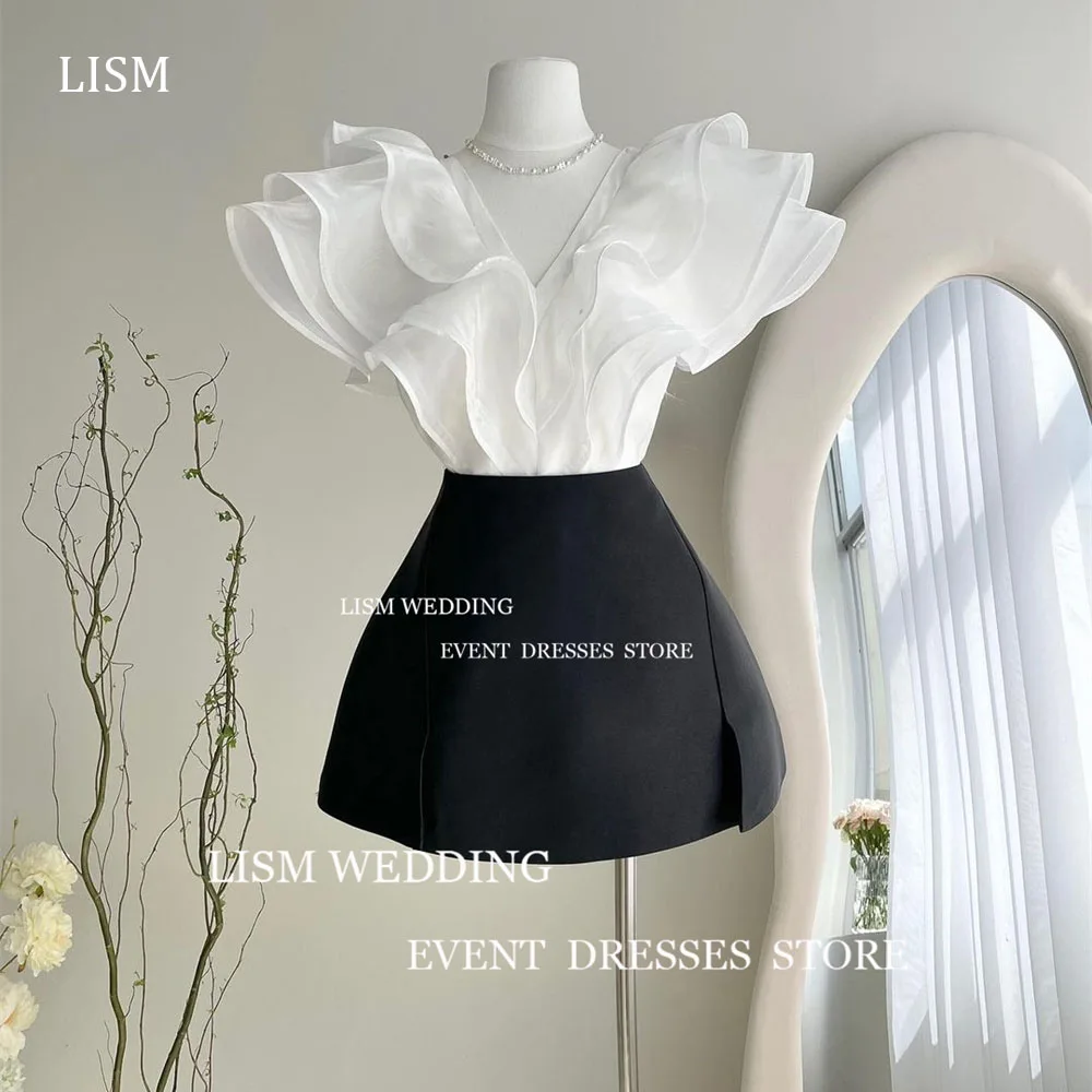

Черно-белое короткое свадебное мини-платье LISM с рюшами и оборками, официальное платье из искусственной кожи, коктейльное платье 2024 с открытой спиной и короткими рукавами, свадебное платье