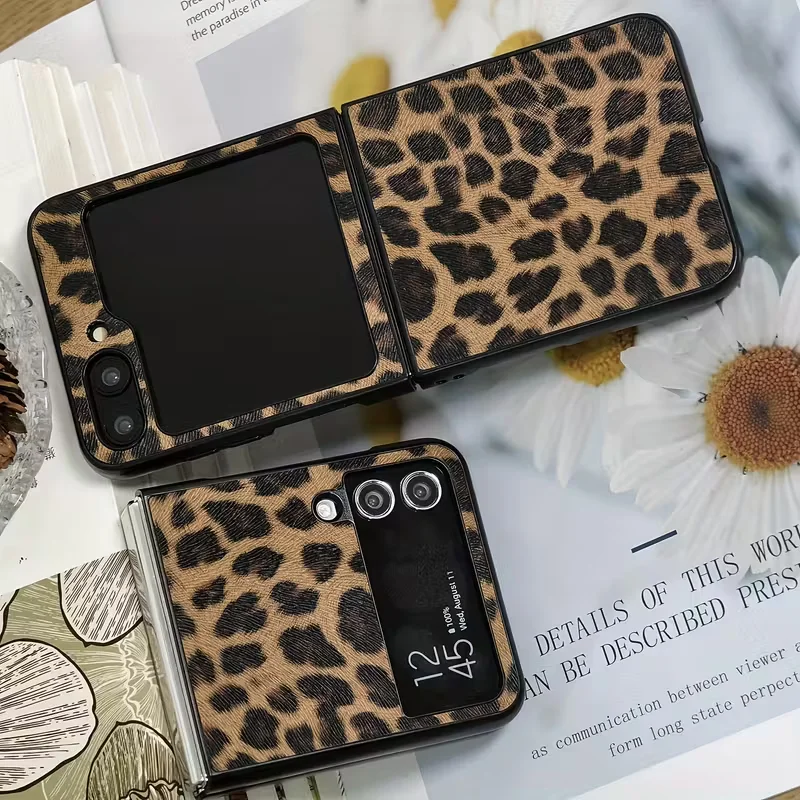 Luxus Leopard Muster PU Leder Harte PC Telefon Fall Für Samsung Galaxy Z Flip 7 6 5 4 3 5G Flip 7 Fe Mode Coole Zurück Abdeckung