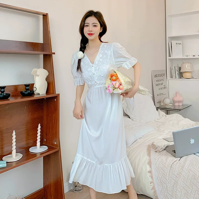 

Летняя кружевная хлопковая Милая Дамская одежда для сна с коротким рукавом для дома, женское свободное Повседневное платье принцессы, ночная рубашка