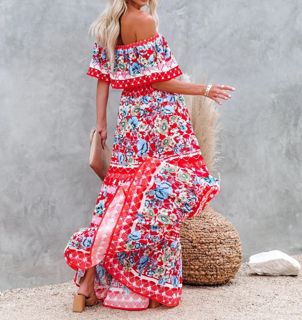 Flower Print Off Shoulder Long Dresses For Women Spring Summer New Fashion Temperament High Waist Leace-up Dress Female Vestidos 20 undefined
