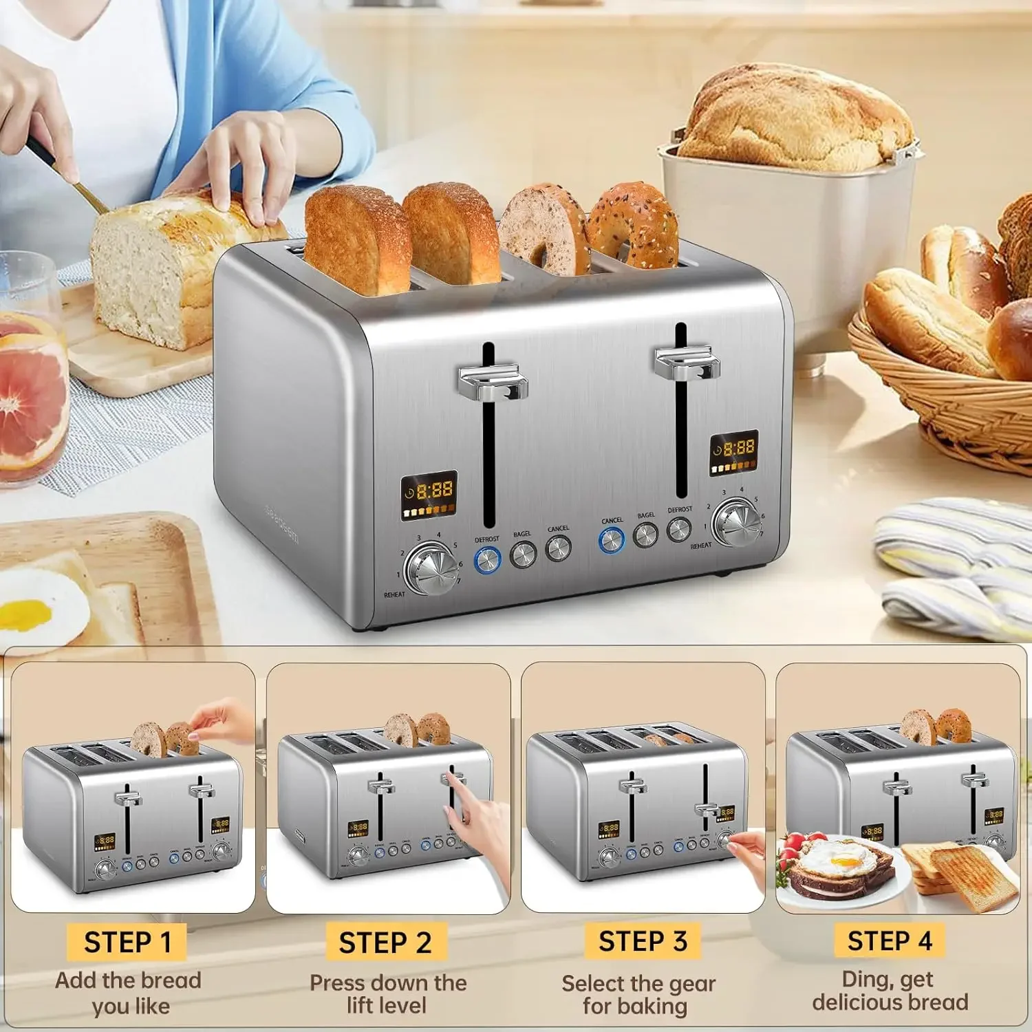 4 Slice Toaster Stainless Bread Toaster Color LCD Display 7 Bread Shade Settings 1.5'' Wide Slots Toaster with Bagel/Defrost 5