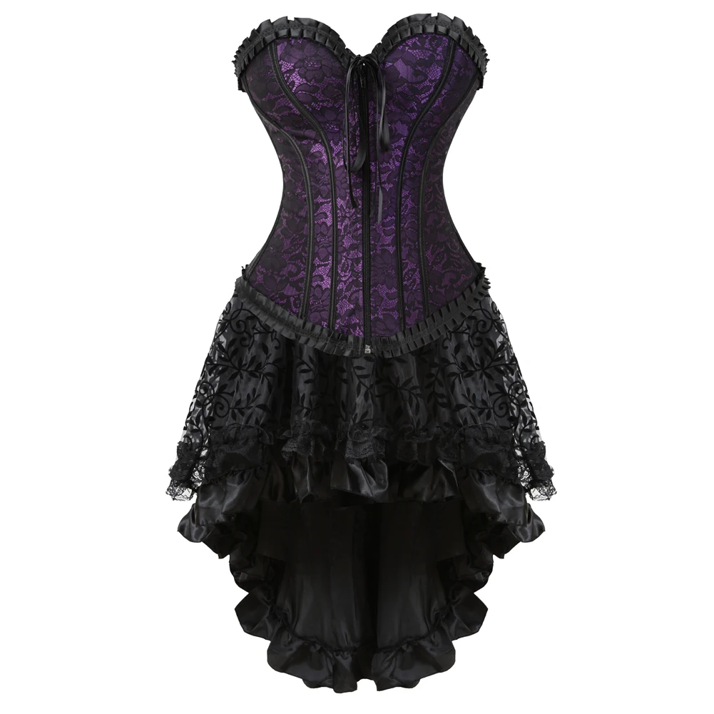 

Sexy Corset Dress Women Victorian Zipper Front Corset Bustier Top with Steampunk Lace Skirt Set Party Clubwear Plus Size S-6XL