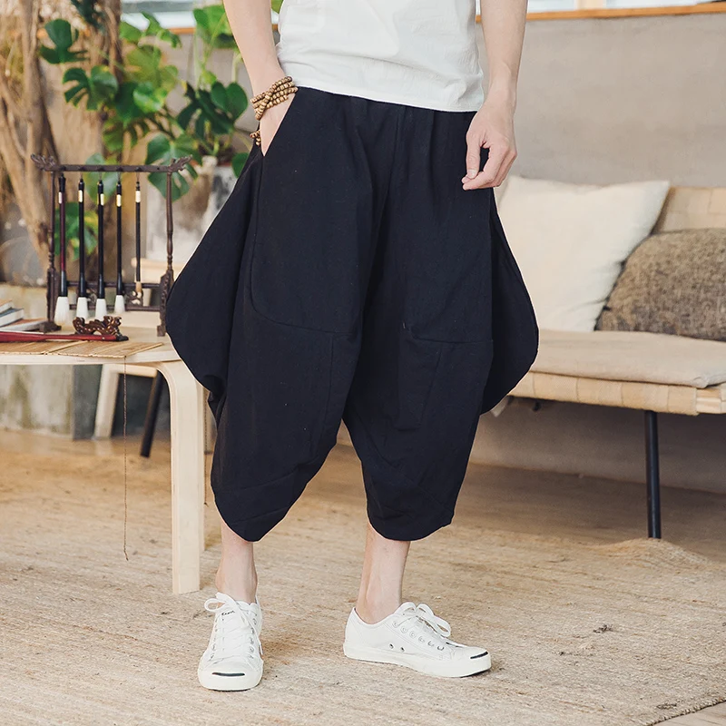 

Men Harem Pants Joggers Solid Casual Trousers Men Loose Vintage Baggy New Calf-Length Cotton Men Wide Leg Pants Streetwear