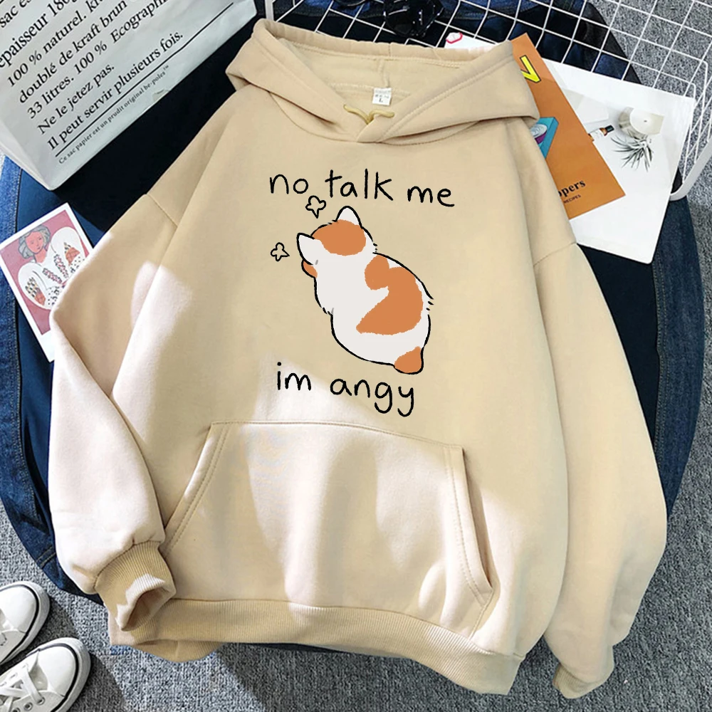 Cute Angry Cat Print Women Hoody Hip Hop Soft Sweatshirt Casual Fleece Sweatshirt Oversize Fleece No Talk Me Women Streetwear