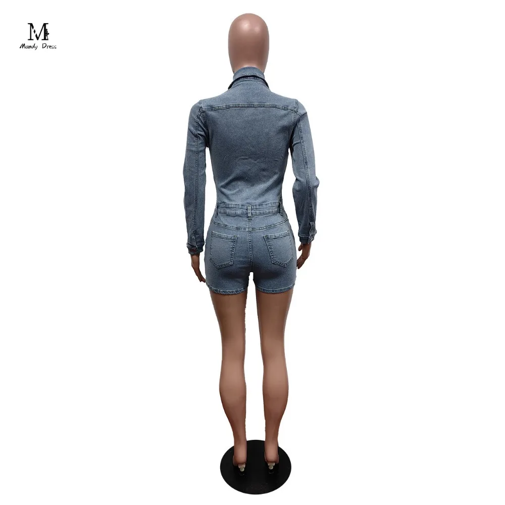 Fashion Denim Jumpsuit Women Long Sleeve Bodycon Elastic One Piece Spring Summer Street Sexy Lady Short Rompers 2024