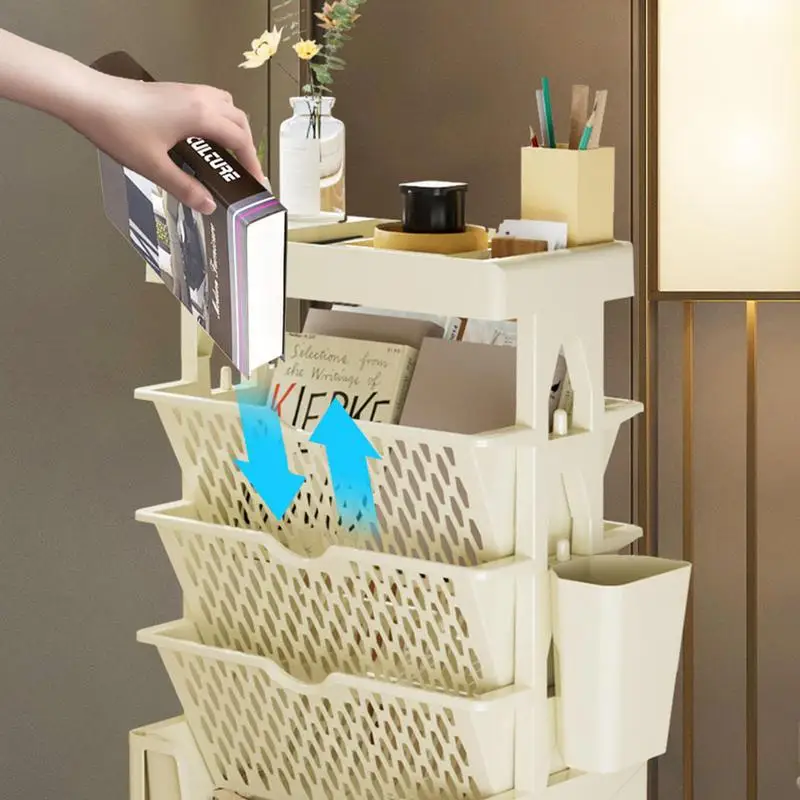 5 Tier Movable Book Shelf On Wheels Rotatable Storage Bookcase Creative Bookshelf Display Stand Home Decoration Book Organizer