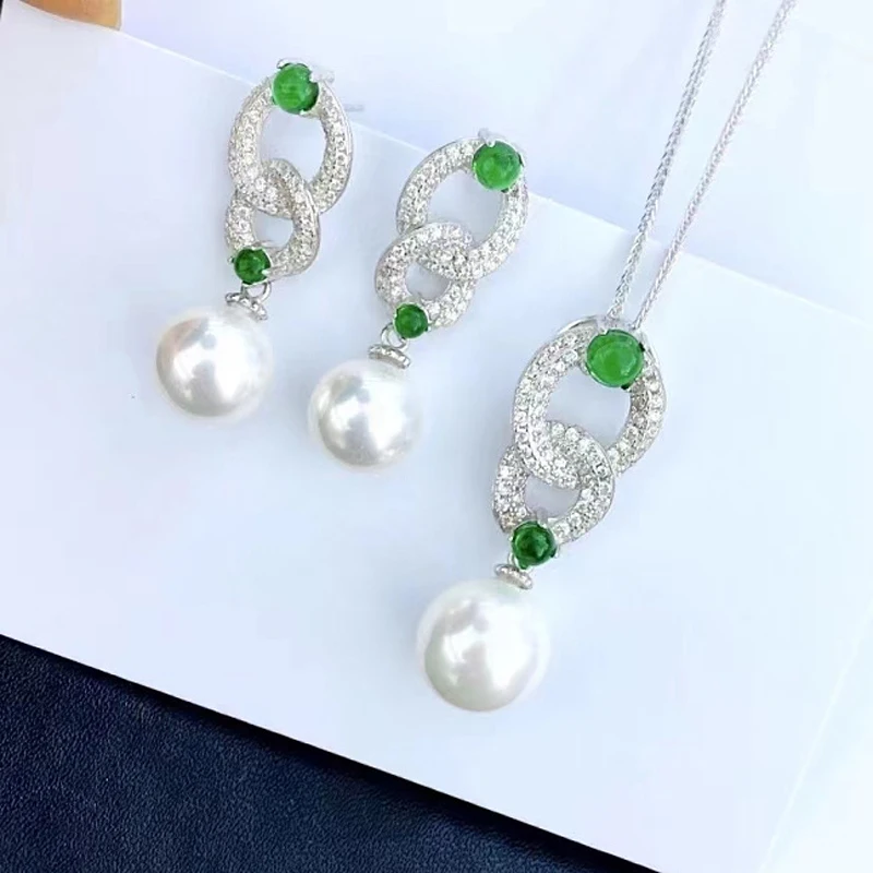 

MeiBaPJ 100% Real 925 Sterling Silver Natural Freshwater Pearl Green Stone Jewelry Set Pendant Earrings Fine Wedding for Women