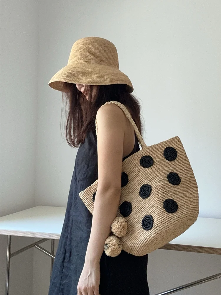 Natural Raffia Straw Tote Bag Large Capaci Casual Handbag Summer Beach Vacation Single Shoulder Handheld Bag for Women
