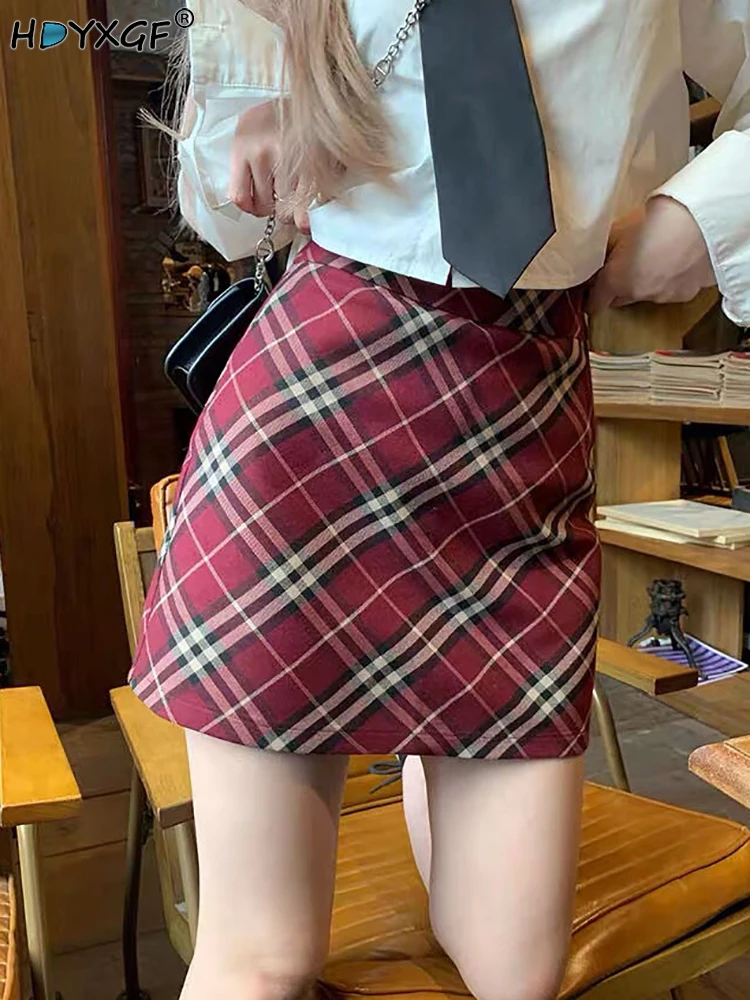 

Summer Zipper A-line High Waist Stripes Plaid Bag Hip Red Mini Skirts College Style Leisure All-match Women's Elegant Skirts Y2k