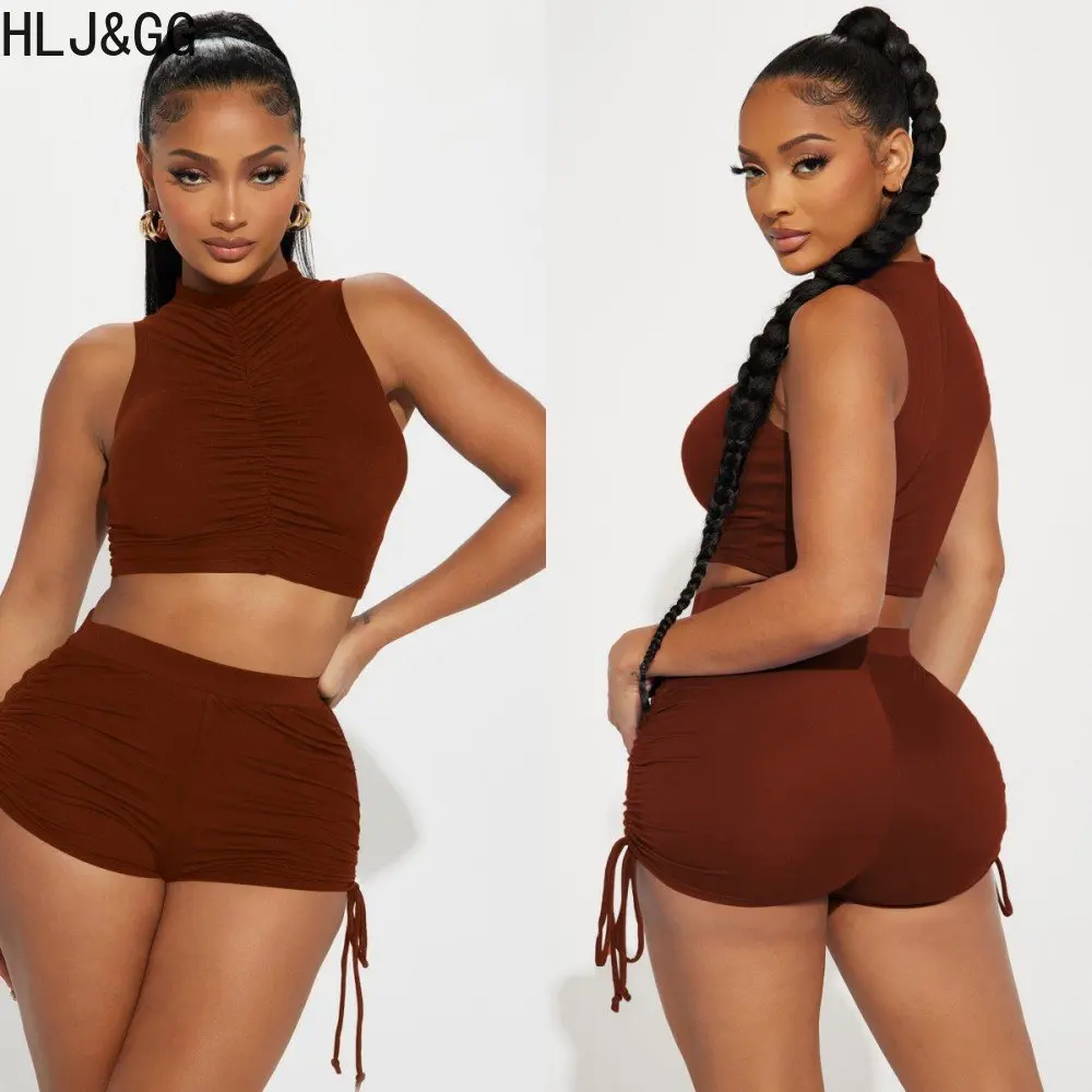 HLJ&GG Casual Drawstring Pleat Design Two Piece Sets Women Round Neck Sleeveless Crop Top + Shorts Tracksuits Summer 2pcs Suits