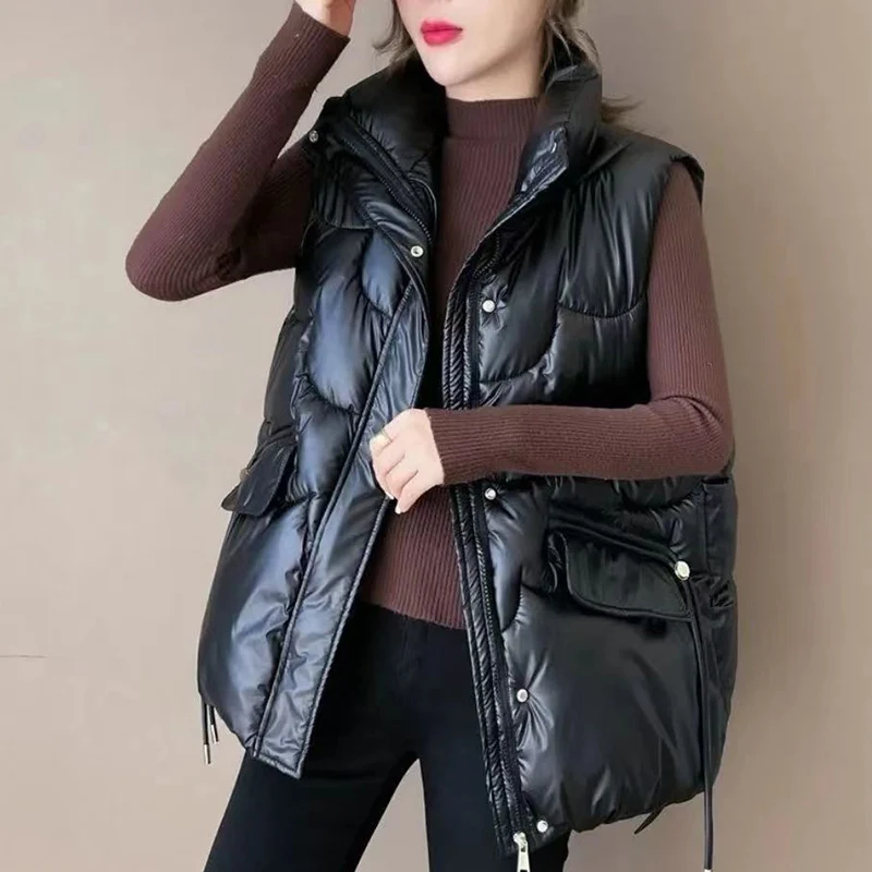 

2023 Winter Women Loose Cotton Vest Bright Face Washing Free High Street Fashion Jacket Female Cardigan Sleeveless Thicken Coat
