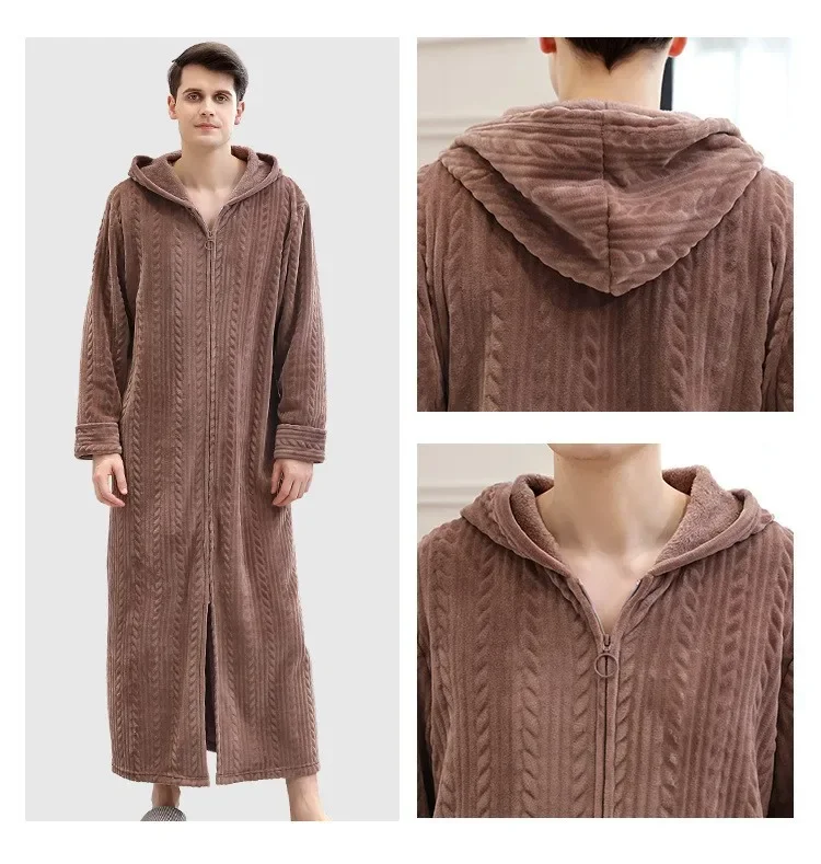 Men's Plus Fat and Oversized Home Clothes Winter Flannel Pajamas Zipper Bathrobe Warm Pajamas Solid Color Long Pajamas 3 undefined