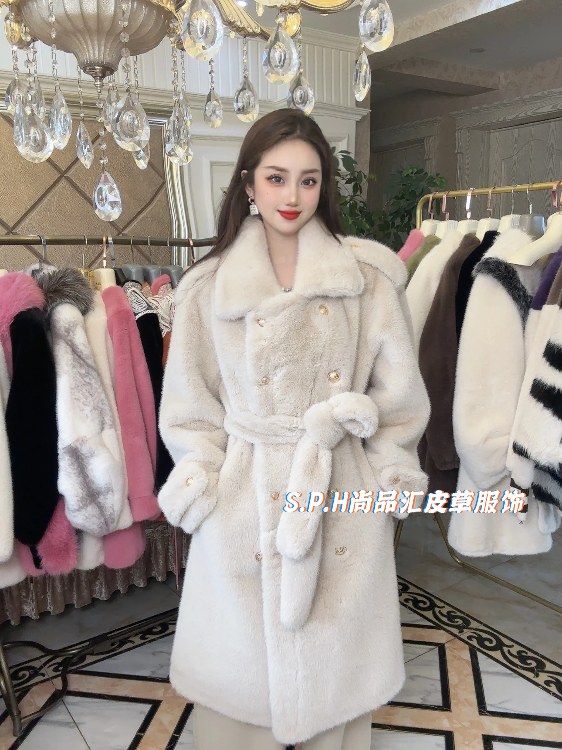 

New Winter Fashion Lady Warm Mink Cashmere Overcoat Mid-long Elegant Double-breasted Outwear Women Faux Fur Coats with Belt