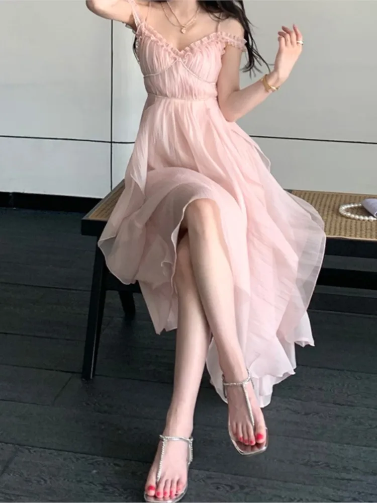★韓国人気★I AM MARI★HALSIA V-NECK BUTTON DRESS Casual Pink Mesh Back Elastic Korean Dress Women High Wasit