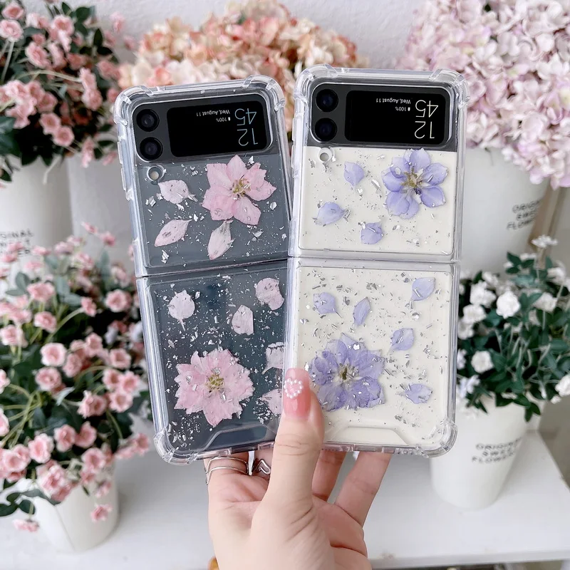 

Soft Clear Flower Phone Case For Samsung Z Flip 3 Folding Phone Case For Galaxy Z Flip3 ZFlip3 5G Shockproof PC Epoxy Back Cove
