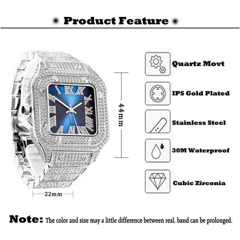 Hot MISSFOX Gold Quartz Watch For Men Hip Hop Full Diamond Bling AAA watches Fashion Iced Out Square WristWatch Man Reloj Hombre