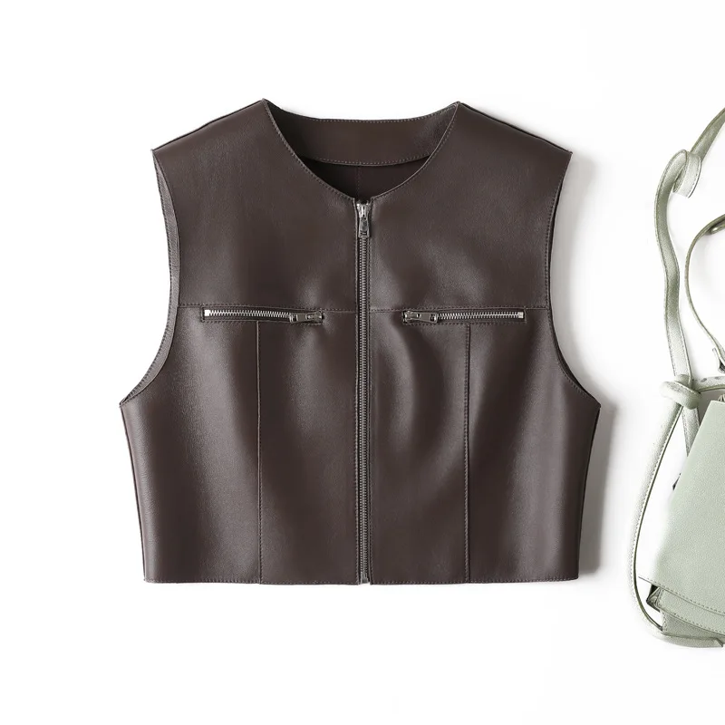 

2024 Spring and Autumn Fashion New Lamb Leather sleeveless vest temperament short vest