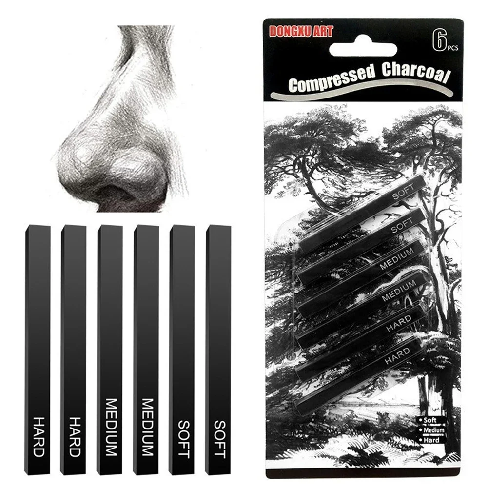 6pcs Carbon Strip Professional Black/White Carbon Sketch Hard/Medium/Soft Woodless Charcoal Pencil Set Drawing Painting Supplies