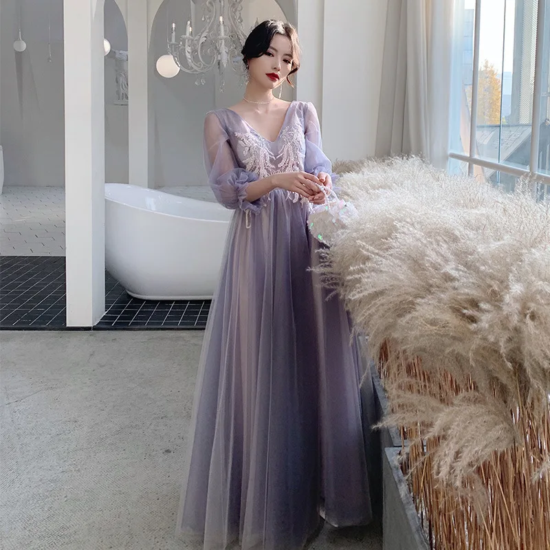 Bridesmaid Dresses Purple Bridesmaid Party Long Sleeve Tulle A-line Dress